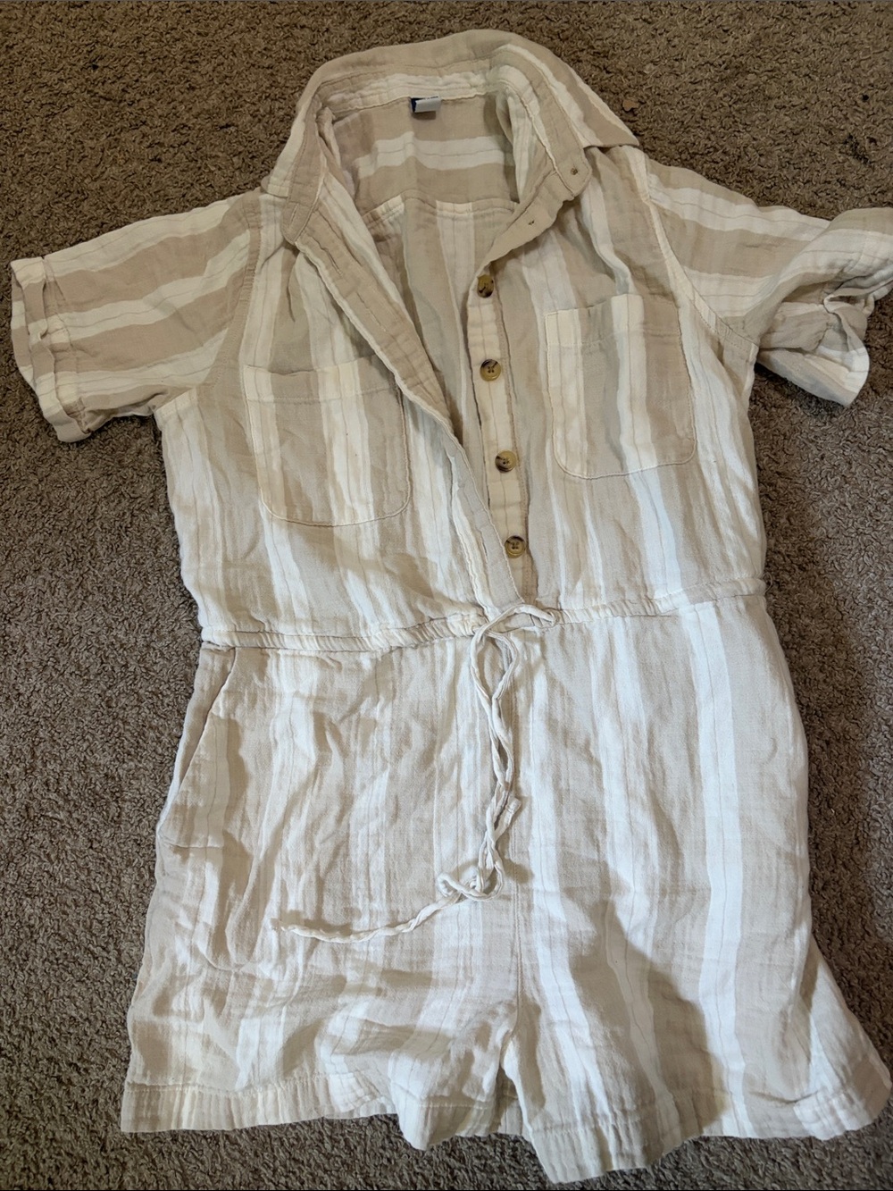 Old Navy Beige and White Striped Short-Sleeve Linen-Rayon Romper